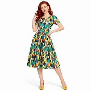 LuLaRoe Amelia Dress Colorful Fit Flare Geometric Pattern Pleat Stretch NEW XXS